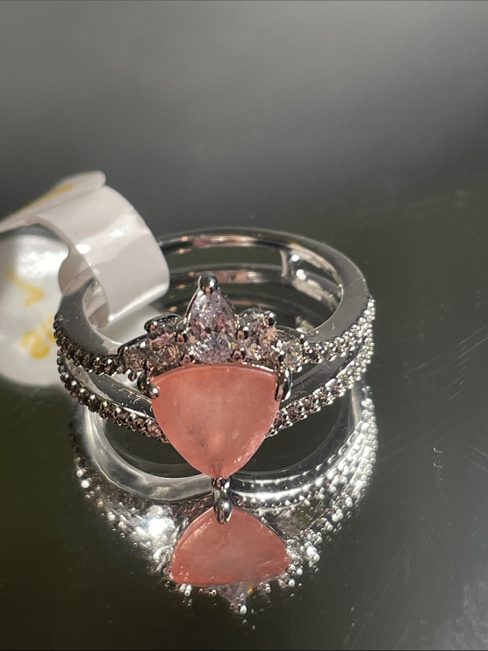 Silver Rhodium Plating Watermelon Calcite Triangle Stone and Quartz accents 7